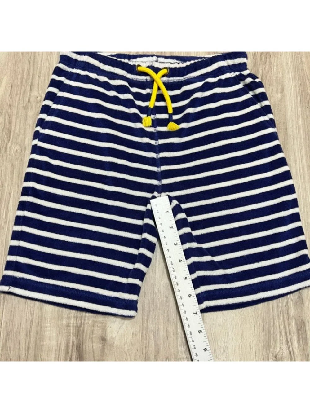 Mini Boden Toweling Shorts Size 10Y Blue White Striped Terry Cloth Yellow Pocket